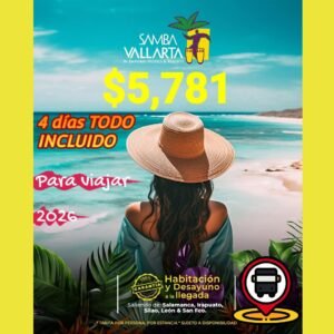 Ofertas 2026. Empieza el año en la Playa. 4 días TODO INCLUIDO con transporte terrestre. Hotel Samba Nuevo Nayarit. $5,781 por persona.
¡Además disfruta de la entrega de habitación y desayuno en cortesía a tu llegada!.
Pregunta por fechas participantes.